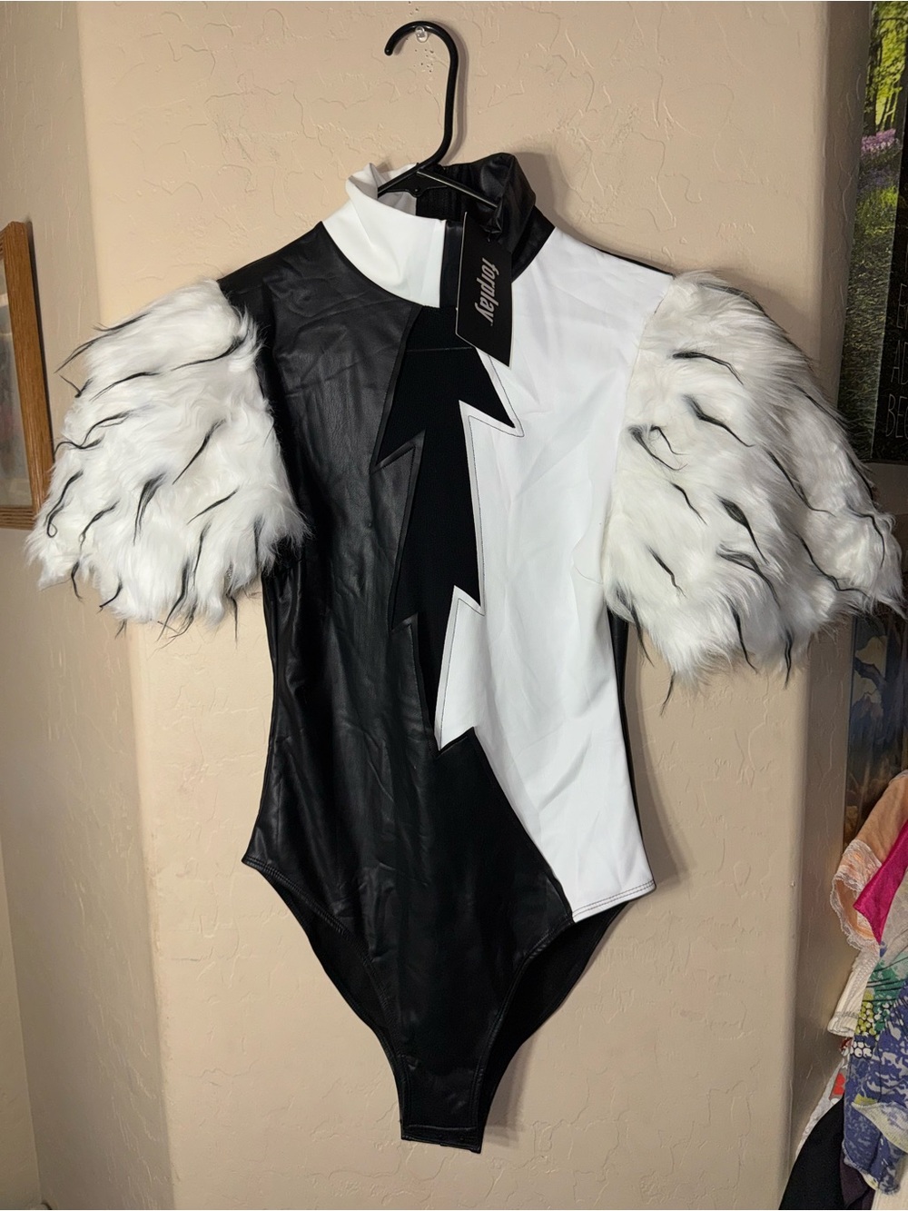 Forplay Cruella de Vil Inspired Black White Faux Fur Bodysuit Costume NWT M/L